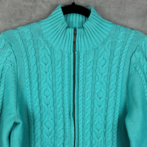 LL Bean Sweater Womens Large Teal Cable Knit Full Zip Cardigan Fisherman Cotton - Picture 2 of 14